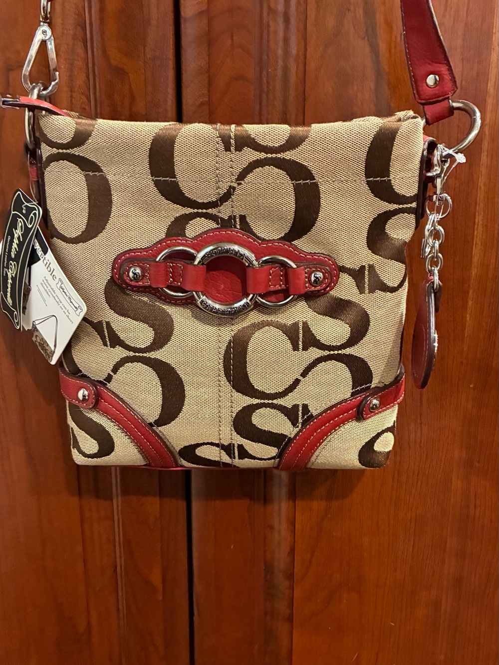 Sophia Caperelli Brown Canvas Crossbody with Red Leather Trim